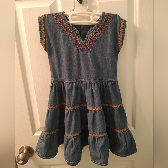 Nanette Kids Other - Blue and Red Ruffled Tiered Denim Sundress with Cap Flutter Sleeves Girls Size 6